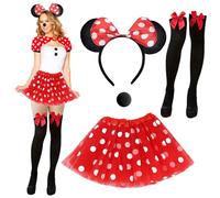 Disfraz de Mouse para Niña, Disfraz de Carnaval Mouse para Niña, Diadema de Orejas de Ratón, Tutú de Puntos Rojos, Nariz de Ratón, Calcetines Hasta Rodilla Lazo Rojo, Para Carnaval Cosplay Fiesta