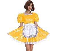 Disfraz De Mucama De PVC Para Mujer, Traje De Cosplay De Manga Corta, Vestido Retro De Sirvienta Lolita, Traje Francés Con Delantal,Amarillo,6XL