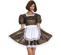 Disfraz De Mucama De PVC Para Mujer, Traje De Cosplay De Manga Corta, Vestido Retro De Sirvienta Lolita, Traje Francés Con Delantal,Marron Oscuro,7XL
