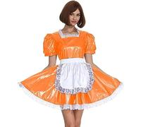 Disfraz De Mucama De PVC Para Mujer, Traje De Cosplay De Manga Corta, Vestido Retro De Sirvienta Lolita, Traje Francés Con Delantal,Naranja,7XL