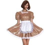 Disfraz De Mucama De PVC Para Mujer, Traje De Cosplay De Manga Corta, Vestido Retro De Sirvienta Lolita, Traje Francés Con Delantal,Marrón Claro,L