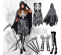 Disfraz De Muerte Niña,Grim Reaper Girl Costume con Guantes, guadaña, Largo Capa con Capucha, Disfraz de Parca,Disfraces Esqueleto Niña,Disfraz de Halloween para Niños para Fiesta Carnival Cosplay (L)