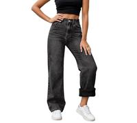 Disfraz de mujer 2026, pantalones vaqueros informales de cintura alta, forro polar, corte holgado, pierna ancha, pantalones de corte boot; pantalones cómodos y cálidos de invierno, gris, L