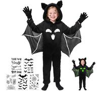 Disfraz de murciélago para niños, disfraz unisex de Halloween de murciélago que brilla en la oscuridad con tatuaje y guantes,3 a 11 años.Disfraz de para niños y niñas,disfraces de carnaval (L)