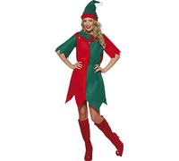 Smiffys Disfraz de elfa, Rojo y verde, con gorro y túnica Halloween