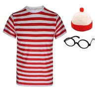 Disfraz de nerd geek para hombre, 3 piezas, incluye camiseta a rayas rojas y blancas, gafas y sombrero, disfraz de Halloween para el Día Mundial del Libro (XL)