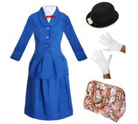 DISFRAZ DE NIÑERA VICTORIANA MÁGICA PARA MUJERES. CARÁCTER DEL DÍA MUNDIAL DEL LIBRO/SEMANA DEL LIBRO. CHAQUETA + FALDA + SOMBRERO DE MARGARITA + GUANTES + BOLSO DE CUERO FALSO. TALLA: MEDIANO