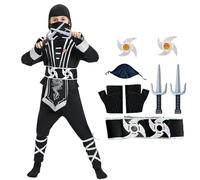 Disfraz de ninja para niños y niños, disfraz de ninja, disfraz con parte superior, pantalones, gorro, cinturón, guantes, dagas, estrellas, cintas para carnaval, Halloween, cosplay, fiestas, 4-13 años