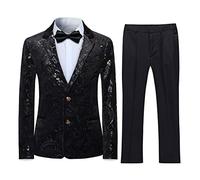 Disfraz de niño de 2 piezas, clásico, dorado, floral, jacquard, ajustado, de todos los santos boda, con diseño tuxedo, chaqueta y pantalón, 6 colores, Negro , 14 años