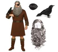 Disfraz de Odin para adultos, incluye peluca gris y barba, parche en los ojos y accesorio de cuervo, disfraz de Dios vikingo para Halloween o cosplay