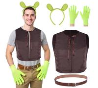 Disfraz de ogro verde para adultos, carnaval divertido, disfraz de monstruo, juego de 4 unidades con ropa de ogro verde, chaleco, cinturón, diadema, guantes, disfraz de monstruo, verde para carnaval