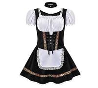 Disfraz de Oktoberfest for mujer, vestido sirvienta con ribete terciopelo, falda dobladillo encaje y conjunto delantal, atuendo nacional alemán for el escenario(Noir,L/XL)