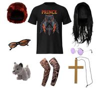Disfraz de Osbourne para parejas para adultos, camiseta gráfica negra, peluca negra, gafas redondas, cruz dorada, mangas de tatuaje, peluca roja, gafas de sol, perro de juguete, disfraz de celebridad