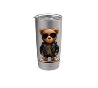 Disfraz de oso de peluche con gafas de sol y chaqueta de cuero Vaso térmico de acero inoxidable de doble pared