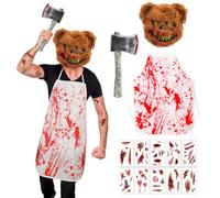 Disfraz de oso de terror, espeluznante Halloween para hombre, disfraz de carnicero, máscara de oso marrón, máscara de oso sangrienta, delantal para adultos, hombres, Halloween, carnaval, temática