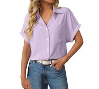 Disfraz de palomitas de maíz para mujer, holgado, manga corta, informal, a rayas, camisa con bolsillo, morado, M