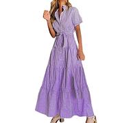 Disfraz de palomitas de maíz para mujer, vestido largo con estampado de rayas, cuello vuelto, manga corta, vestido largo, morado, L
