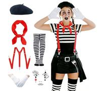 Disfraz de pantomime para mujer, disfraz de carnaval, 6 unidades, disfraz de payaso para mujer, hombre, con boina, bufanda, guantes, calcetines y tirantes, tatuaje facial, disfraz para carnaval