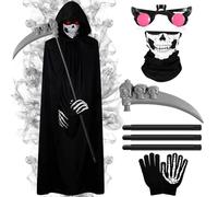 Disfraz de Parca para Halloween, Disfraz de Parca Muerte, Capa con Capucha Disfraz Halloween con Máscara de Calavera,Guantes,Guadaña,Disfraz de Fantasma para Halloween Fiesta,Carnival Costume,Cosplay