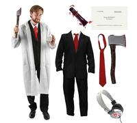 Disfraz de Patrick Bateman para adultos, pequeño, traje negro, impermeable, auriculares, hacha falsa, corbata roja, tarjeta de visita, sangre falsa, disfraz de Halloween para adultos