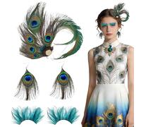 Disfraz de pavo real para mujer, accesorios para disfraz de pavo real, accesorios para el cabello con plumas + pestañas postizas + 1 par de aretes, para carnaval, Halloween.