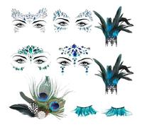 Disfraz de pavo real para mujer, accesorios para el cabello con plumas de pavo real + pestañas de plumas de pavo real de colores + 4 piedras brillantes para la cara + 2 puños de plumas azules.