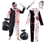 Disfraz de Payaso Adulto Halloween, Traje Payaso Blanco y Negro Mono, con Bolso Negro Grande y Capucha Puñal, Disfraz para adultos y divertidos Traje Payaso para Fiestas, Carnaval y Halloween (XL)