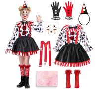 Disfraz de Payaso Niña, Disfraz Payaso Halloween con Sombrero, Guantes, Calcetines, Pegatinas de Maquillaje, Disfraz Payaso Horror Niña, Costume Terrorífico para Halloween Carnaval Cosplay (L)