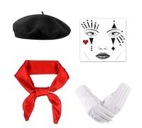 Disfraz de Payaso para Mujer, 4 Piezas Pantomime Costume, Carnival Pantomime Costume, Black Beret Hat Red Cloths White Gloves Face Tattoo, Fancy Dress Costumes Carnival Tema Party