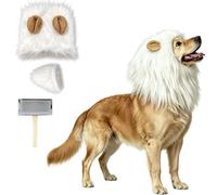 Disfraz de peleja de león con orejas y cola, peine específico (white,S) | Peluche divertida para mascota, ajustable, tejido transpirable y realista, capucha de león para disfraces de perro, cosplay