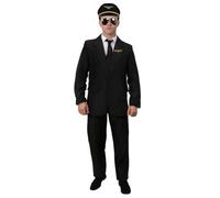 Disfraz de piloto de aerolínea para adultos, grande, traje negro, corbata a juego, sombrero de piloto, insignia de metal, lentes de sol espejados, uniforme de capitán para hombre, disfraz de Halloween
