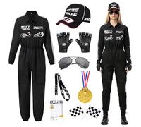 Disfraz de Piloto de Carreras para Mujer, Mono con Guantes, Gorro Y Gafas de Sol, Adulto Juego de Rol Disfraces, Traje Completo de Piloto de Carreras para Carnaval Fiestas Halloween (Negro, XL)