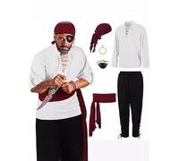Disfraz de Pirata Hombre, Disfraces Carnaval Hombre, Accesorios de Disfraz de Pirata con Camisa Renacentista, Pantalones, Pañuelo para la Cabeza, Cinturón, para Fiesta de Cosplay (Blanco, XXL)