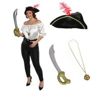 Disfraz de pirata marfil para mujer, blusa de satén marfil, sombrero de tricornio negro, espada pirata inflable y collar dorado con calavera y medallón de huesos cruzados, perfecto para cualquier