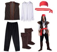 Disfraz de pirata para adultos, disfraz de pirata para hombre, incluye camisa, pantalones, chaleco, botas, bufanda para la cabeza y cinturón, talla única, disfraz de pirata para hombres adultos