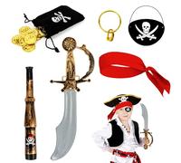 Disfraz de pirata para niños, juego de accesorios con parche para los ojos, pañuelo para la cabeza, espada, pendientes, monedas, monedas de oro y prismáticos, adecuado para niños y niñas, carnaval