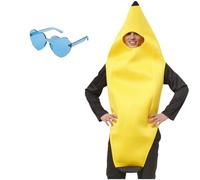 Disfraz de Plátano Adultos Unisex, Disfraz banana Divertido Traje de Fruta Amarilla Fiestas, Carnaval, Halloween, Eventos Temáticos y Despedidas de Soltero (L, Plátano con gafa corazón azul)