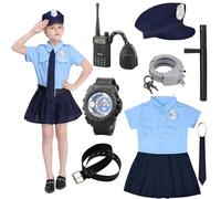 Disfraz de policía infantil para niña con accesorios de pistolas policía, esposas Walkie Talkie Gorra de cinturón para fiesta de disfraces de Halloween, cosplay de carnaval, azul 150 cm
