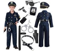 Disfraz de policía para niños y niñas, disfraz de policía para carnaval, Halloween, juego de 11 accesorios, incluye gorro, cinturón, walkie-talkie, silbato, funda, esposas, bastón, gafas