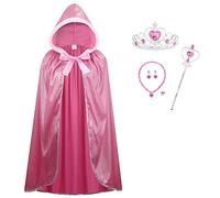 Disfraz de princesa con capucha para mujer, disfraz de cuento de hadas, capa para Halloween, Navidad, cumpleaños, día mundial del libro, incluye aretes, collar, cetro, corona y anillo (rosa, 120 cm)