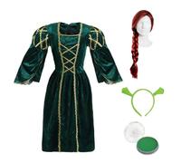 Disfraz de princesa ogro para niños, disfraz de vestido verde con orejas de ogro, peluca de jengibre y pintura facial verde, disfraz de cuento de hadas para niñas y diversión de Halloween, talla S