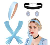 Disfraz de princesa para mujer y niña, disfraz de Cenicienta, juego de accesorios para el pelo, diadema azul, guantes negros, gargantilla negra, pendientes de cristal de estrás, juego de joyas para