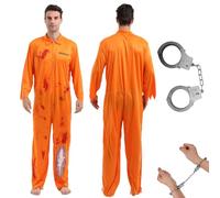 Disfraz de Prisionero, Mono de Prisionero con Esposas de Utilería, Disfraz Carcel Naranja Hombre con Manchas de Sangre, Prisoner Fancy Dress Costume para Cosplay, Carnaval, Fiesta, Decoración-XL