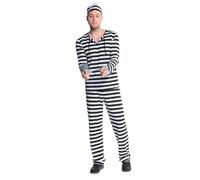 Disfraz de prisionero para hombre, estampado a rayas, para adulto, conjunto de 4 piezas, con camiseta de cuello en V, pantalón elástico + gorro + esposas cosplay disfraz de carnaval, #01-negro, L