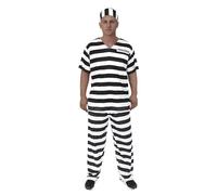 Disfraz de prisionero para hombre, estampado a rayas, para adulto, conjunto de 4 piezas, con camiseta de cuello en V, pantalón elástico + gorro + esposas cosplay disfraz de carnaval, #02-negro, XL
