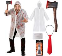 Disfraz de psicópata de 5 piezas, impermeable, sangre falsa, hacha y | Disfraz de asesino en serie para adultos, disfraz de villano de terror de los años 80, talla única, tarjeta de visita y