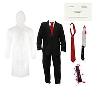 Disfraz de psicópata para adultos, mediano, traje negro, impermeable, corbata roja, accesorio de cuchillo de plástico falso, tarjeta de visita y sangre falsa, disfraz de personaje de película de