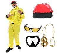 Disfraz de rapero amarillo para adulto - Talla M - Traje deportivo amarillo y negro, sombrero rojo, gafas de sol, cadena de dólar, peluca de cabra negra - Disfraz de adulto para TV y cine