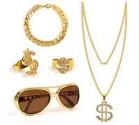 Disfraz de rapero de hip hop, 5 piezas, incluye gafas, pulsera dorada, collar dorado, anillo dorado, traje de los años 70, 80 y 90, dorado, Talla única