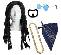 Disfraz de rapero de los años 90 para hombre con peluca negra con rastas, percha falsa, cadena dorada, bandana azul, gafas hippy azules, disfraz de Halloween
